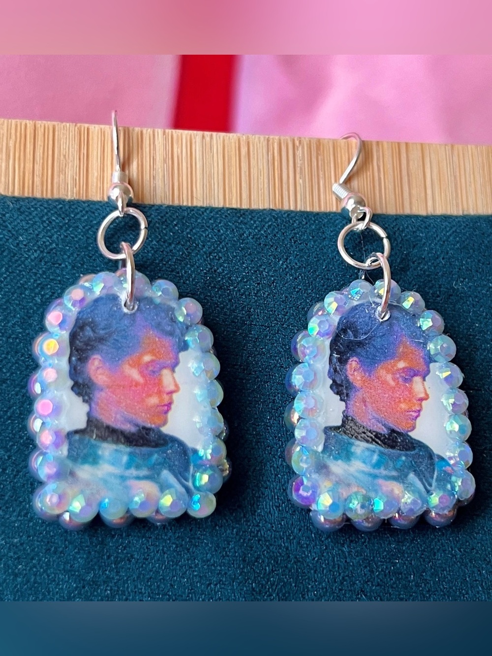 Handmade Iridescent Blue Portrait Dangle Earrings